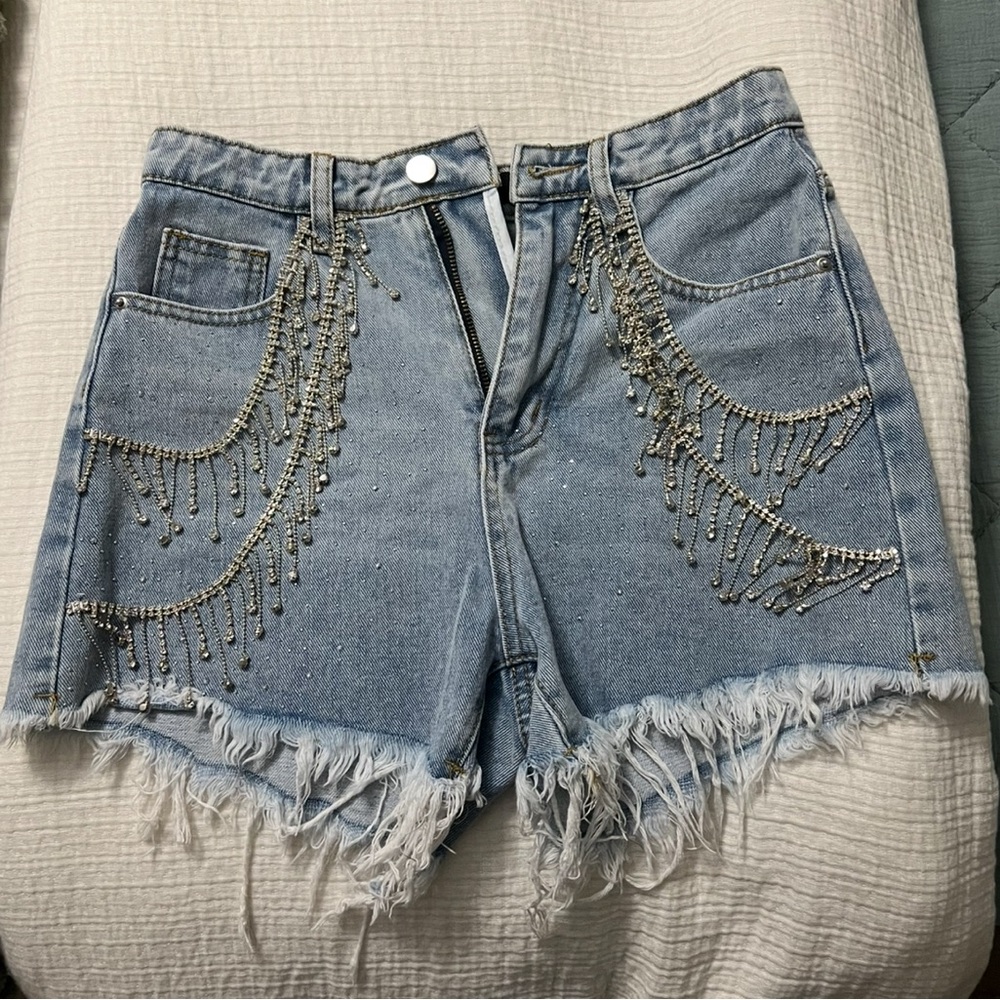 Embellished Light Blue Denim Shorts